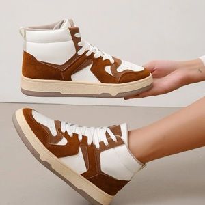 Colorblock High Top Skate Shoes, Khaki Colorblock Fashionable Shoes